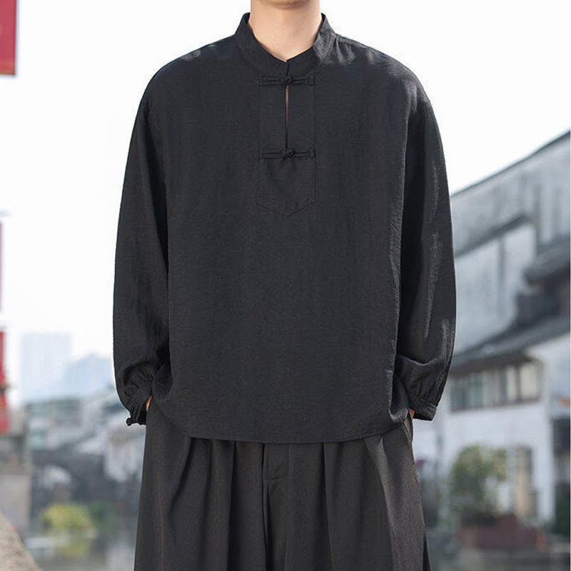 Camisa de algodón de manga larga con cuello alto y dos botones de rana para hombre con Buddha Stones - image 4