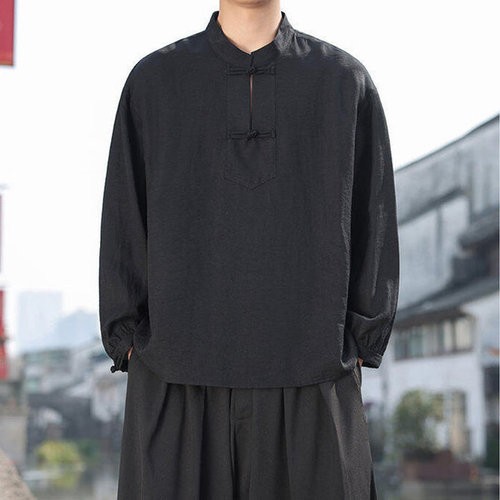 Camisa de algodón de manga larga con cuello alto y dos botones de rana para hombre con Buddha Stones - image 4