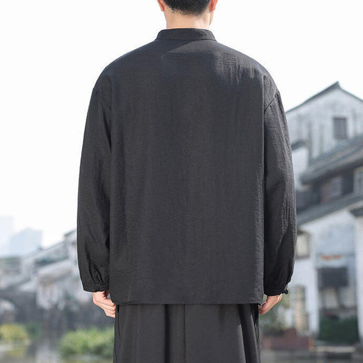 Camisa de algodón de manga larga con cuello alto y dos botones de rana para hombre con Buddha Stones - image 2