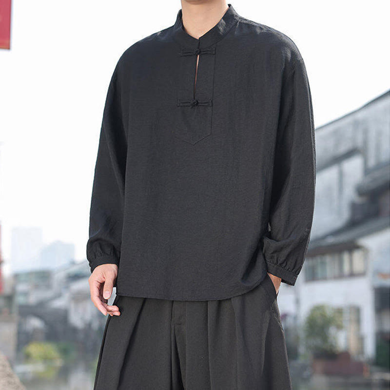 Camisa de algodón de manga larga con cuello alto y dos botones de rana para hombre con Buddha Stones - image 8