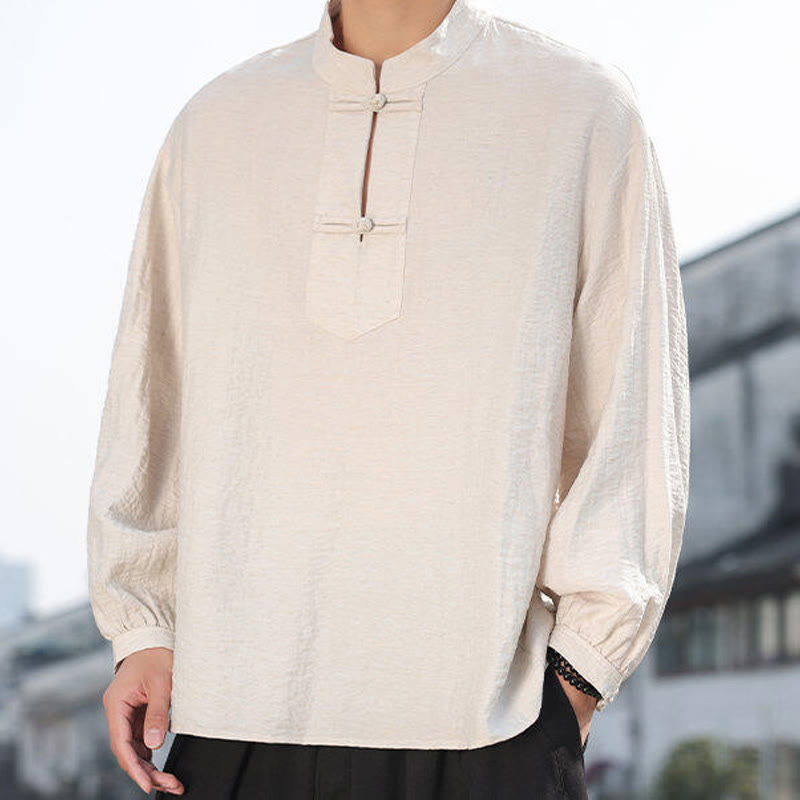 Camisa de algodón de manga larga con cuello alto y dos botones de rana para hombre con Buddha Stones - image 19