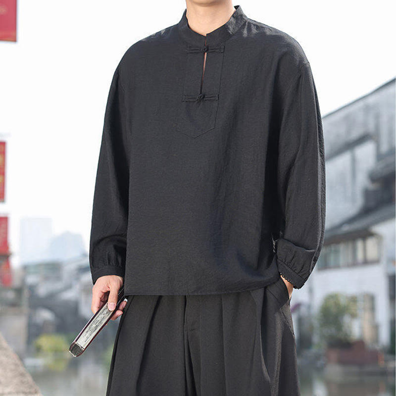 Camisa de algodón de manga larga con cuello alto y dos botones de rana para hombre con Buddha Stones - image 6