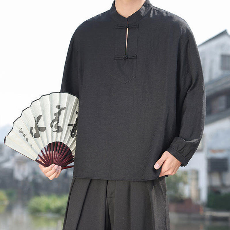 Camisa de algodón de manga larga con cuello alto y dos botones de rana para hombre con Buddha Stones - image 9