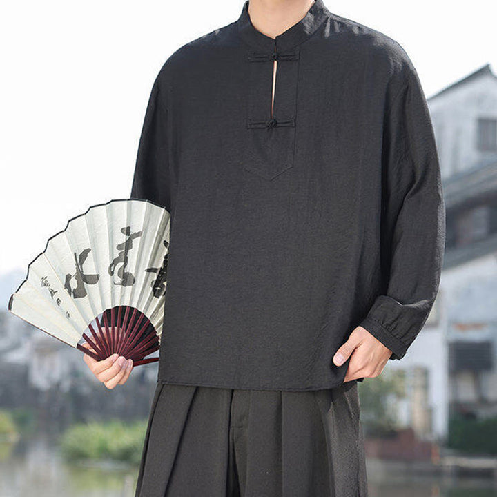 Camisa de algodón de manga larga con cuello alto y dos botones de rana para hombre con Buddha Stones - image 9