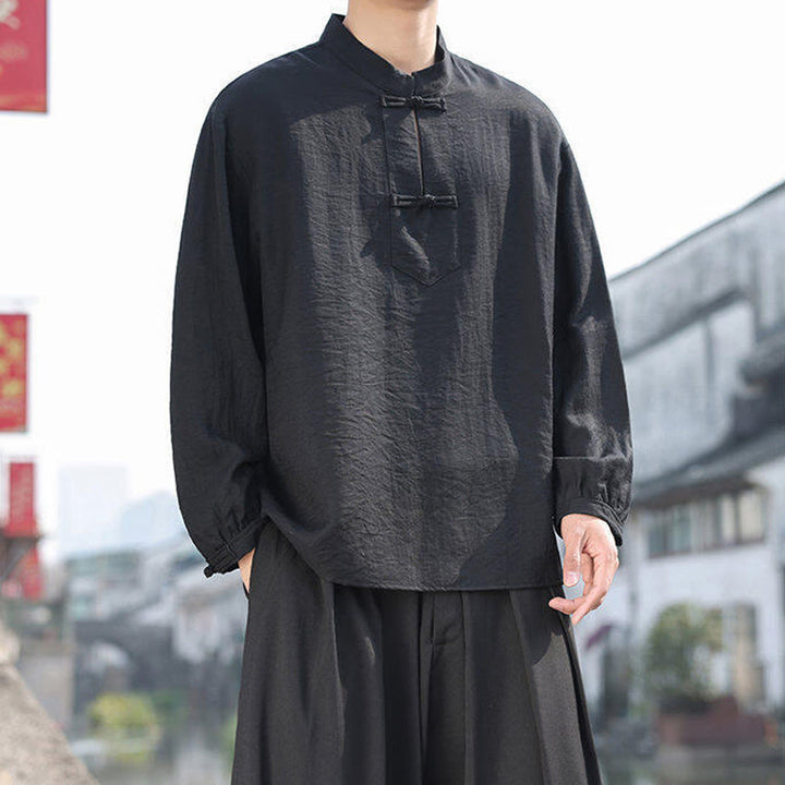 Camisa de algodón de manga larga con cuello alto y dos botones de rana para hombre con Buddha Stones - image 5