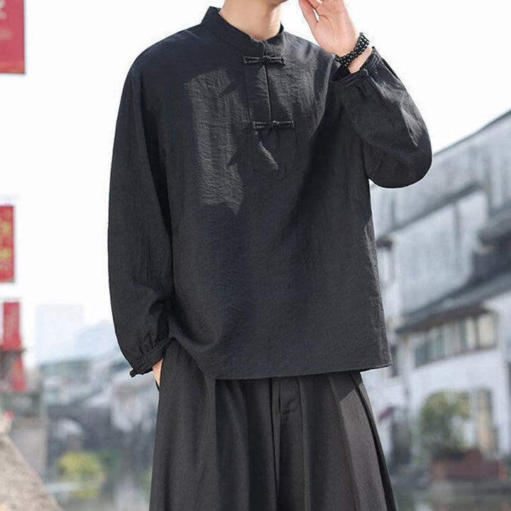 Camisa de algodón de manga larga con cuello alto y dos botones de rana para hombre con Buddha Stones - image 7