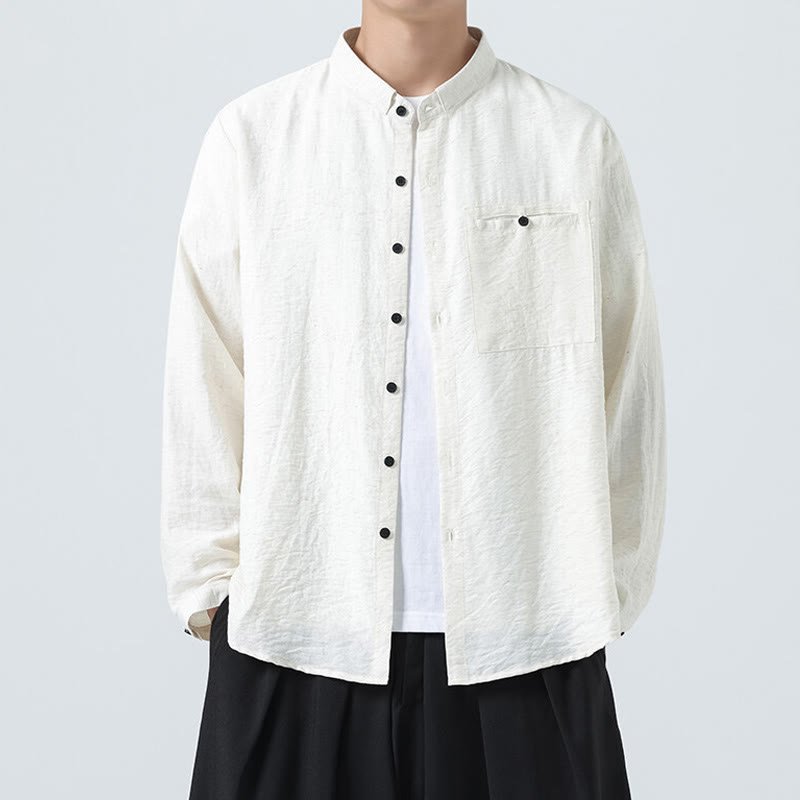 Camisa de algodón de manga larga para hombre, estilo vintage, con botones, cuello alto y Buddha Stones - Blanco - US/UK/AU48，EU58(5XL) - image 0