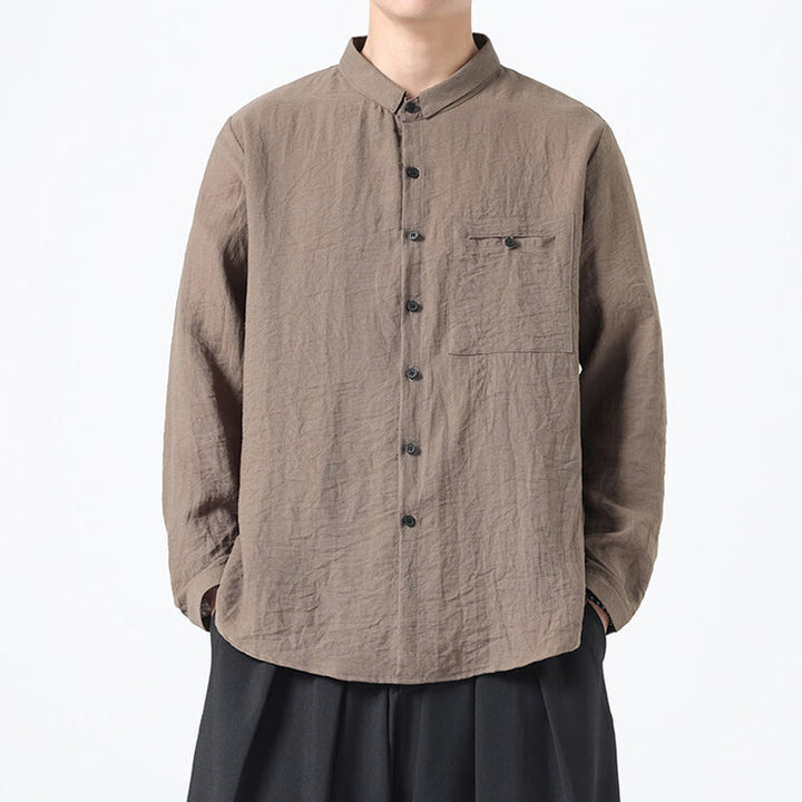 Camisa de algodón de manga larga para hombre, estilo vintage, con botones, cuello alto y Buddha Stones - Broncearse - US/UK/AU48，EU58(5XL) - image 15