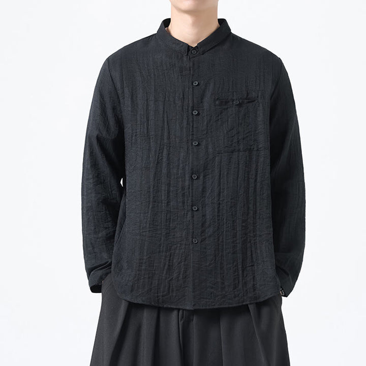 Camisa de algodón de manga larga para hombre, estilo vintage, con botones, cuello alto y Buddha Stones - Negro - US/UK/AU48，EU58(5XL) - image 9