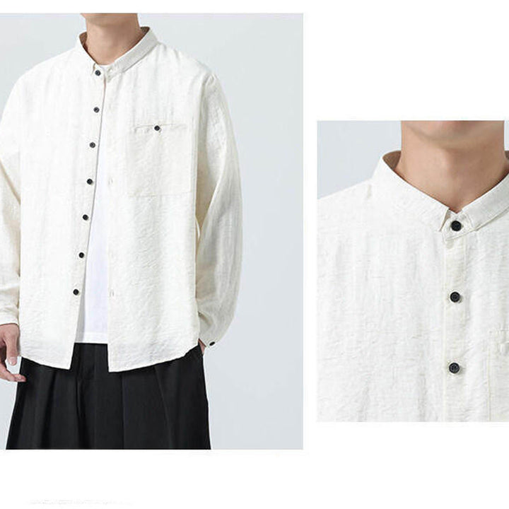 Camisa de algodón de manga larga para hombre, estilo vintage, con botones, cuello alto y Buddha Stones - image 8
