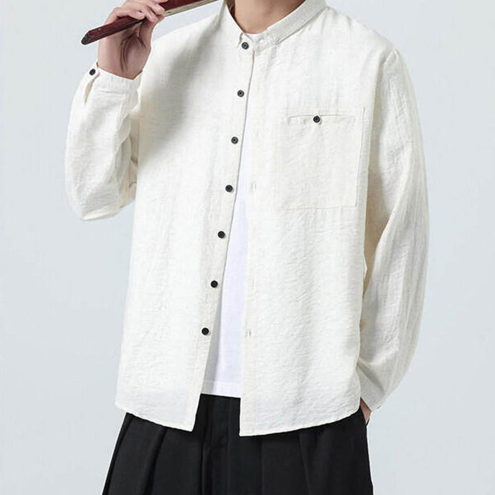 Camisa de algodón de manga larga para hombre, estilo vintage, con botones, cuello alto y Buddha Stones - image 3