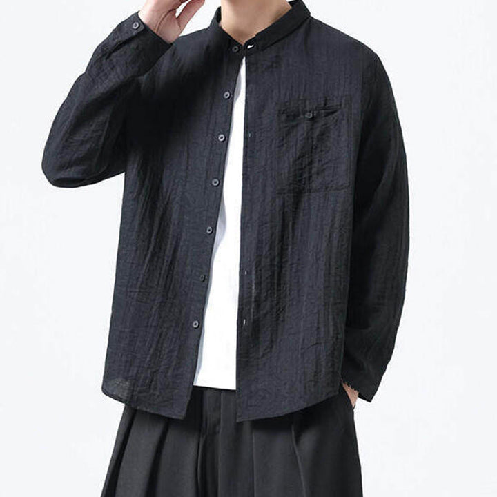 Camisa de algodón de manga larga para hombre, estilo vintage, con botones, cuello alto y Buddha Stones - image 12