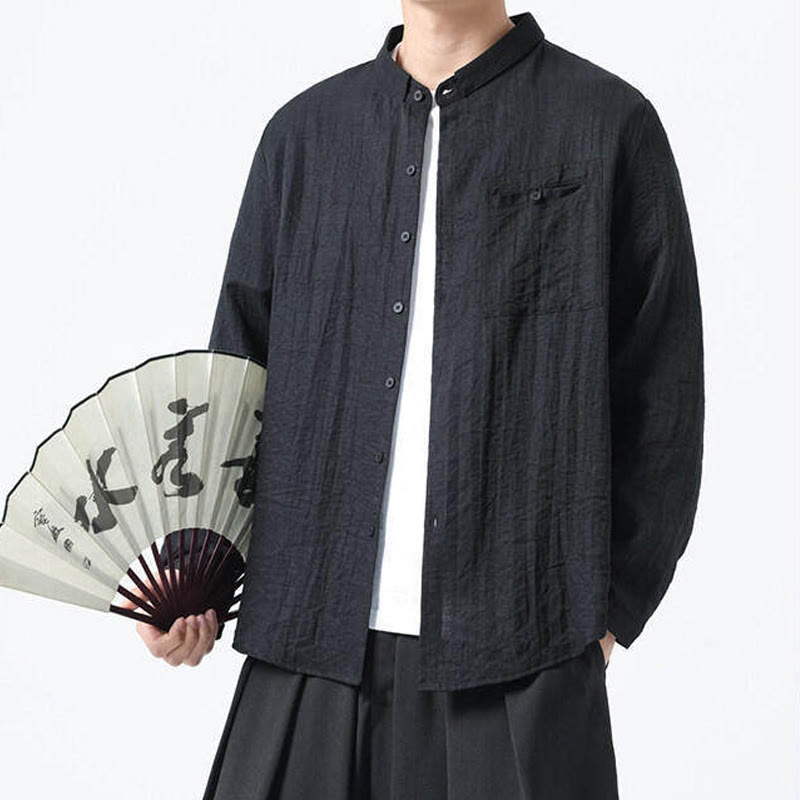 Camisa de algodón de manga larga para hombre, estilo vintage, con botones, cuello alto y Buddha Stones - image 13