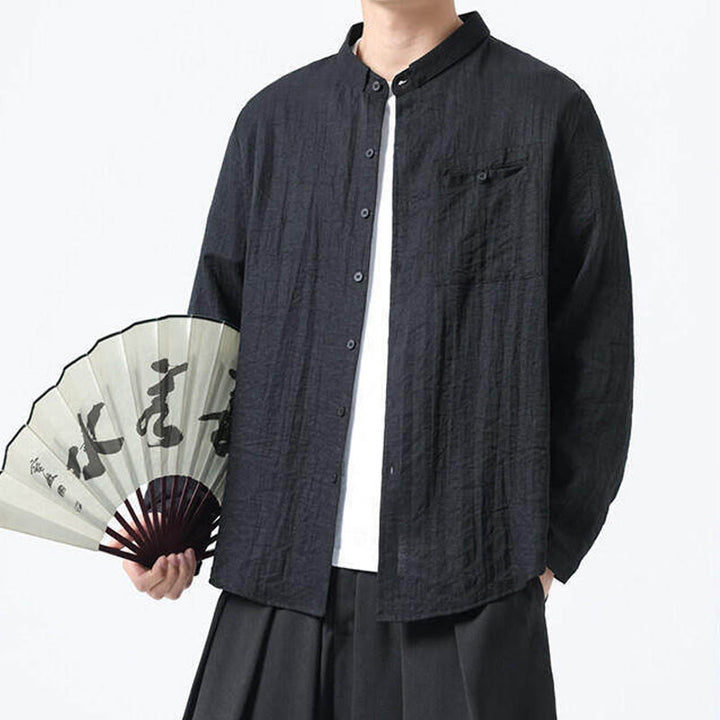 Camisa de algodón de manga larga para hombre, estilo vintage, con botones, cuello alto y Buddha Stones - image 13