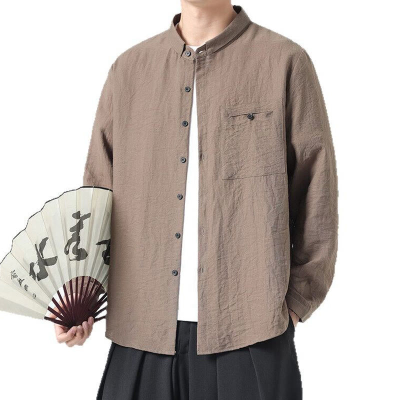 Camisa de algodón de manga larga para hombre, estilo vintage, con botones, cuello alto y Buddha Stones - image 16