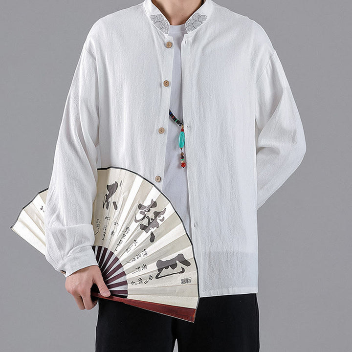 Camisa de algodón para hombre de manga larga con botones y cuello alto con bordado de nubes auspiciosas y Buddha Stones - image 8