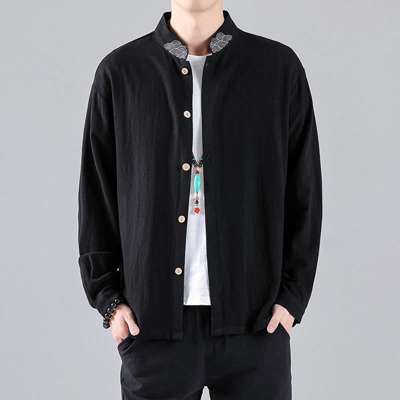 Camisa de algodón para hombre de manga larga con botones y cuello alto con bordado de nubes auspiciosas y Buddha Stones - image 2