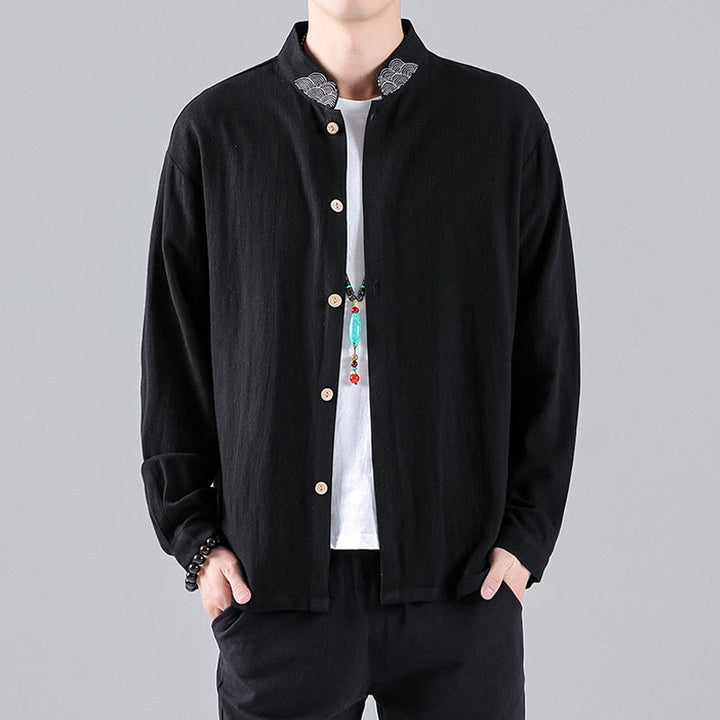 Camisa de algodón para hombre de manga larga con botones y cuello alto con bordado de nubes auspiciosas y Buddha Stones - image 2