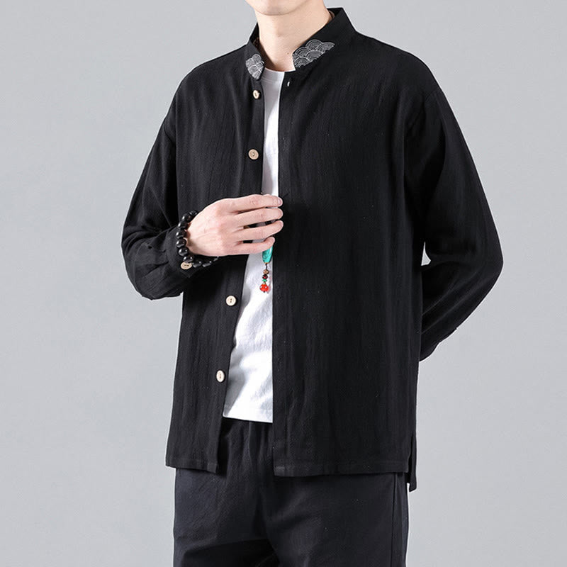 Camisa de algodón para hombre de manga larga con botones y cuello alto con bordado de nubes auspiciosas y Buddha Stones - Negro - US/UK/AU46, EU56 (5XL) - image 1