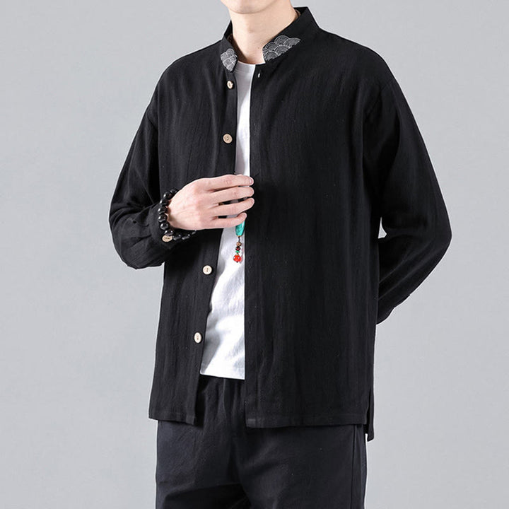 Camisa de algodón para hombre de manga larga con botones y cuello alto con bordado de nubes auspiciosas y Buddha Stones - Negro - US/UK/AU46, EU56 (5XL) - image 1
