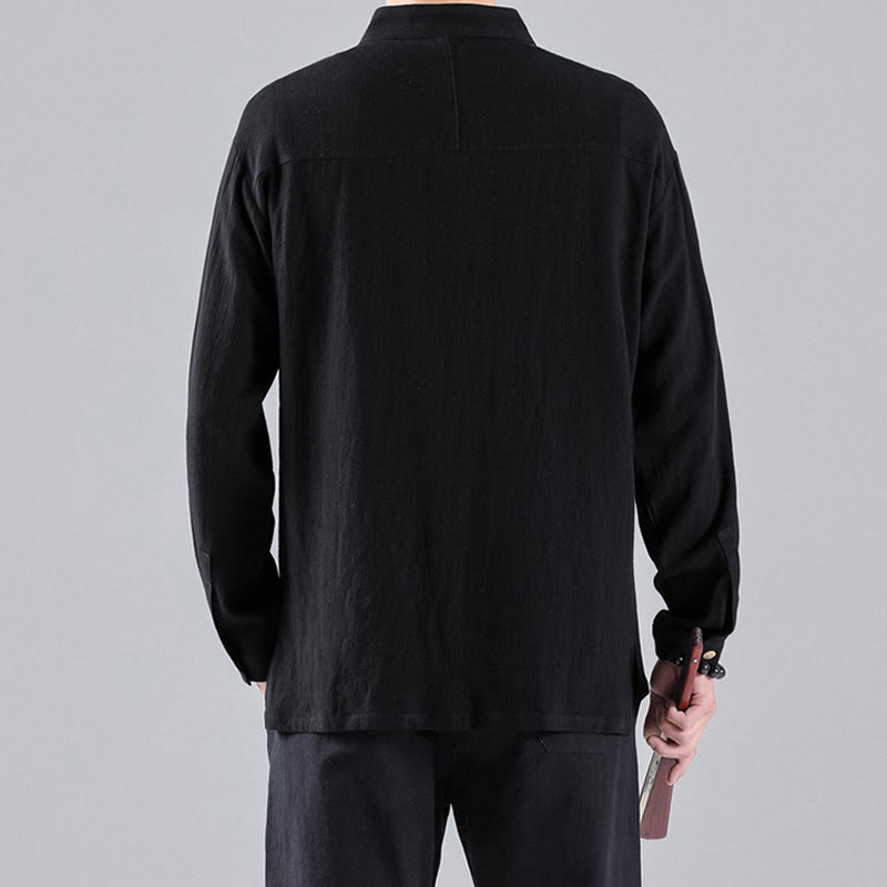 Camisa de algodón para hombre de manga larga con botones y cuello alto con bordado de nubes auspiciosas y Buddha Stones - image 3