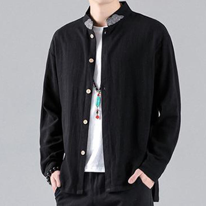 Camisa de algodón para hombre de manga larga con botones y cuello alto con bordado de nubes auspiciosas y Buddha Stones - image 5