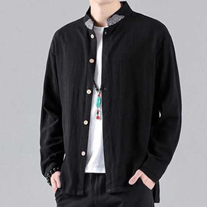 Camisa de algodón para hombre de manga larga con botones y cuello alto con bordado de nubes auspiciosas y Buddha Stones - image 5