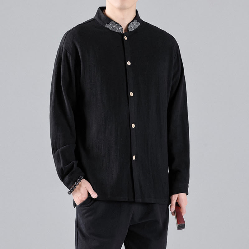Camisa de algodón para hombre de manga larga con botones y cuello alto con bordado de nubes auspiciosas y Buddha Stones - image 6