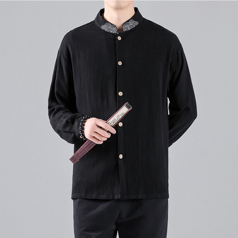 Camisa de algodón para hombre de manga larga con botones y cuello alto con bordado de nubes auspiciosas y Buddha Stones - image 4