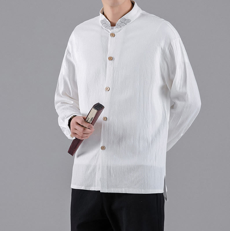 Camisa de algodón para hombre de manga larga con botones y cuello alto con bordado de nubes auspiciosas y Buddha Stones - image 11