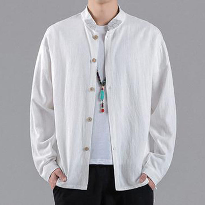 Camisa de algodón para hombre de manga larga con botones y cuello alto con bordado de nubes auspiciosas y Buddha Stones - Blanco - US/UK/AU46, EU56 (5XL) - image 7