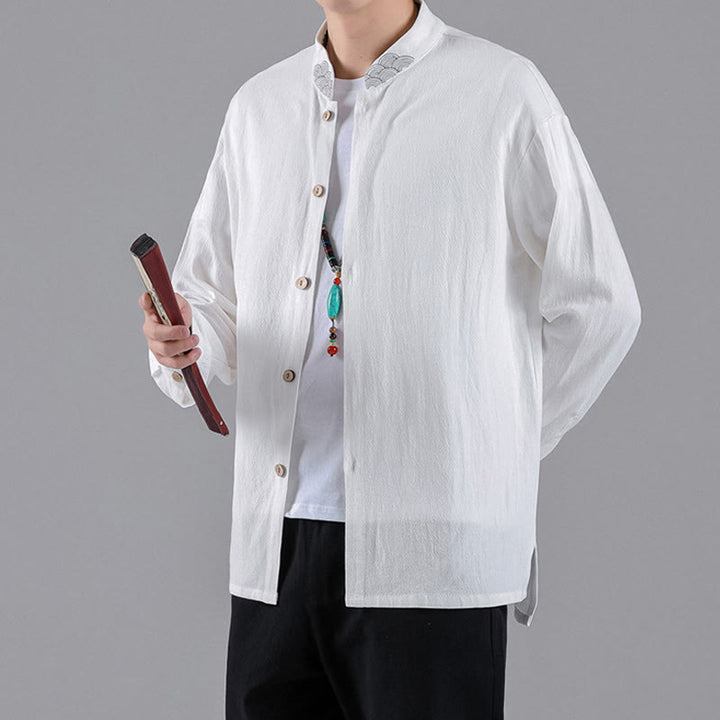 Camisa de algodón para hombre de manga larga con botones y cuello alto con bordado de nubes auspiciosas y Buddha Stones - image 14