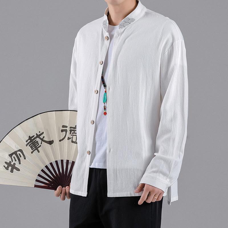 Camisa de algodón para hombre de manga larga con botones y cuello alto con bordado de nubes auspiciosas y Buddha Stones - image 12