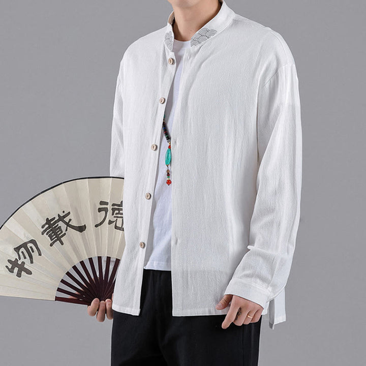Camisa de algodón para hombre de manga larga con botones y cuello alto con bordado de nubes auspiciosas y Buddha Stones - image 12