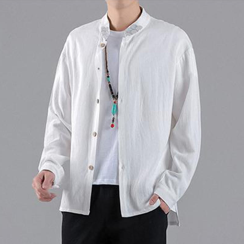 Camisa de algodón para hombre de manga larga con botones y cuello alto con bordado de nubes auspiciosas y Buddha Stones - image 10