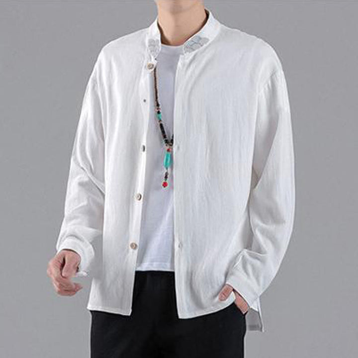 Camisa de algodón para hombre de manga larga con botones y cuello alto con bordado de nubes auspiciosas y Buddha Stones - image 10