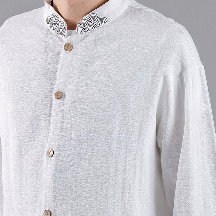 Camisa de algodón para hombre de manga larga con botones y cuello alto con bordado de nubes auspiciosas y Buddha Stones - image 16