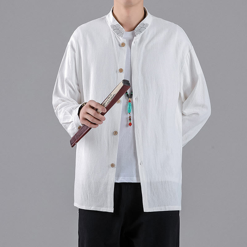 Camisa de algodón para hombre de manga larga con botones y cuello alto con bordado de nubes auspiciosas y Buddha Stones - image 13