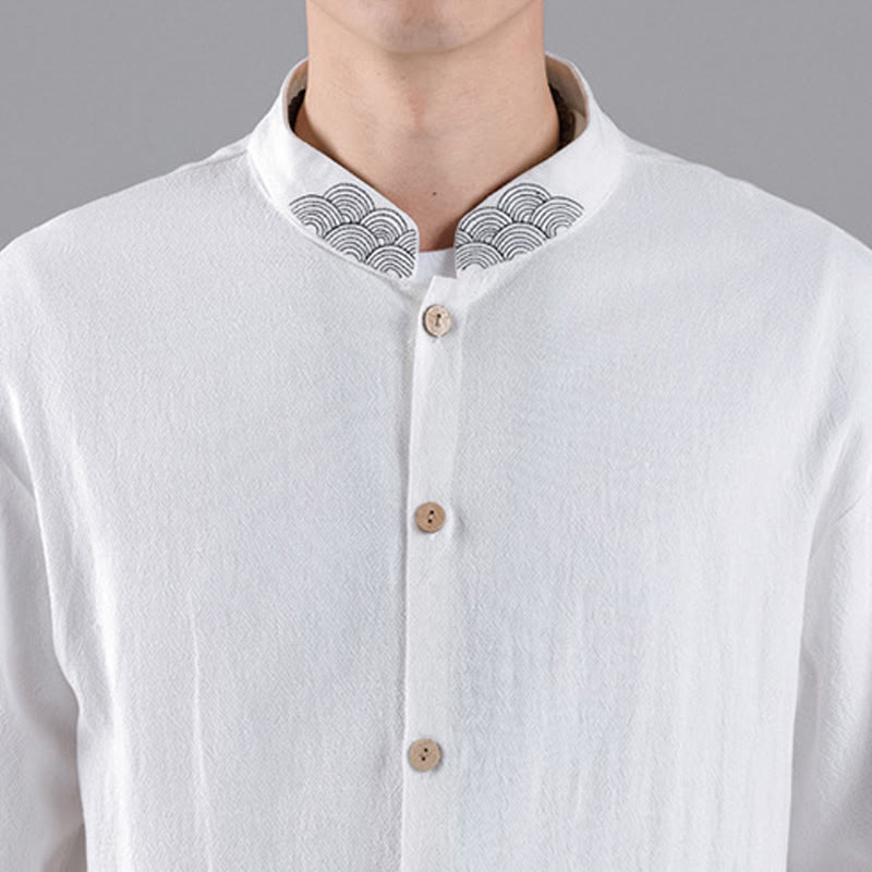 Camisa de algodón para hombre de manga larga con botones y cuello alto con bordado de nubes auspiciosas y Buddha Stones - image 15