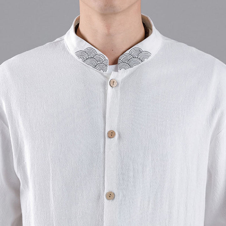 Camisa de algodón para hombre de manga larga con botones y cuello alto con bordado de nubes auspiciosas y Buddha Stones - image 15