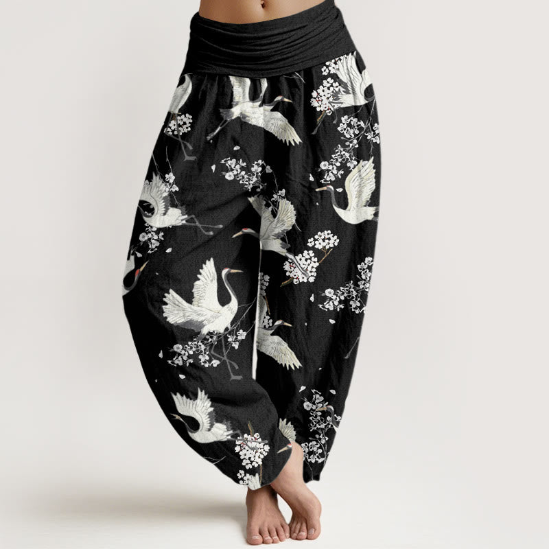 Pantalones bombachos de cintura elástica para mujer, de algodón, estilo casual elegante, con estampado de grullas y flores, con piedras de Buddha Stones. - Negro - US22，UK/AU26，EU54 (6XL) - image 0