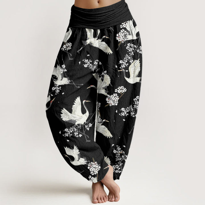 Pantalones bombachos de cintura elástica para mujer, de algodón, estilo casual elegante, con estampado de grullas y flores, con piedras de Buddha Stones. - Negro - US22，UK/AU26，EU54 (6XL) - image 0