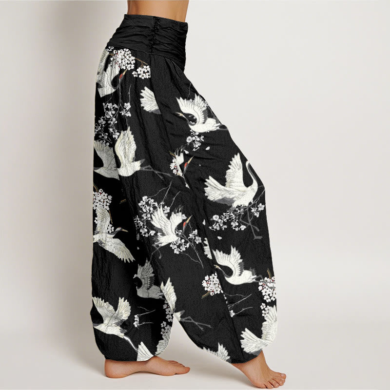 Pantalones bombachos de cintura elástica para mujer, de algodón, estilo casual elegante, con estampado de grullas y flores, con piedras de Buddha Stones. - image 1