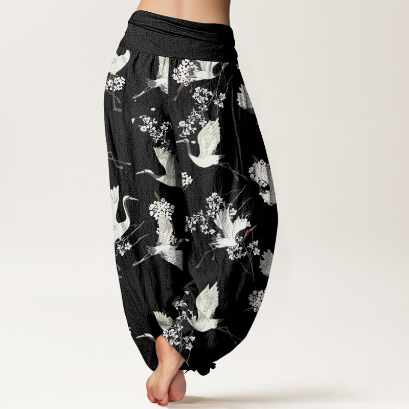 Pantalones bombachos de cintura elástica para mujer, de algodón, estilo casual elegante, con estampado de grullas y flores, con piedras de Buddha Stones. - image 2
