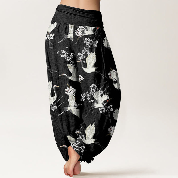 Pantalones bombachos de cintura elástica para mujer, de algodón, estilo casual elegante, con estampado de grullas y flores, con piedras de Buddha Stones. - image 2