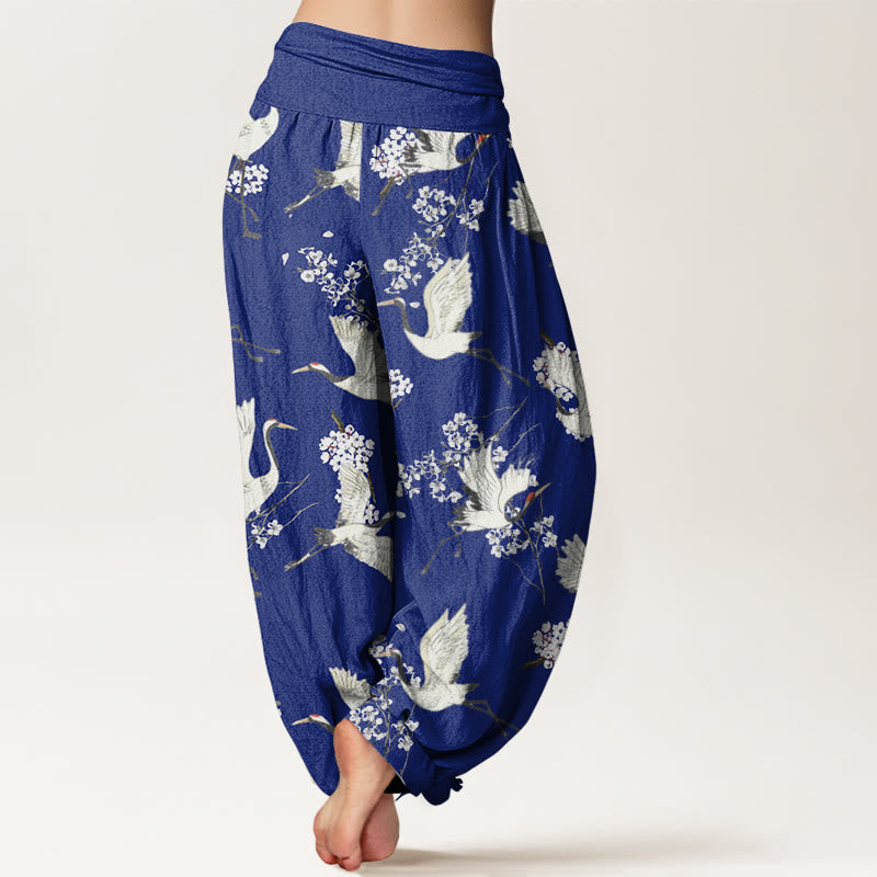 Pantalones bombachos de cintura elástica para mujer, de algodón, estilo casual elegante, con estampado de grullas y flores, con piedras de Buddha Stones. - image 6