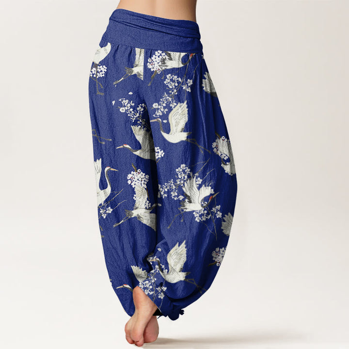 Pantalones bombachos de cintura elástica para mujer, de algodón, estilo casual elegante, con estampado de grullas y flores, con piedras de Buddha Stones. - image 6