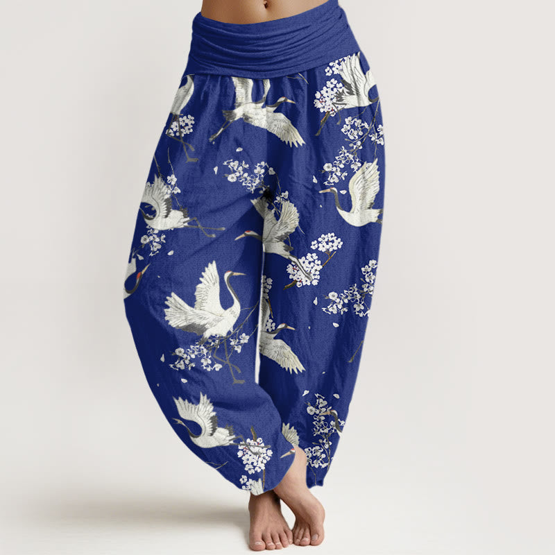 Pantalones bombachos de cintura elástica para mujer, de algodón, estilo casual elegante, con estampado de grullas y flores, con piedras de Buddha Stones. - Azul medio - US22，UK/AU26，EU54 (6XL) - image 4
