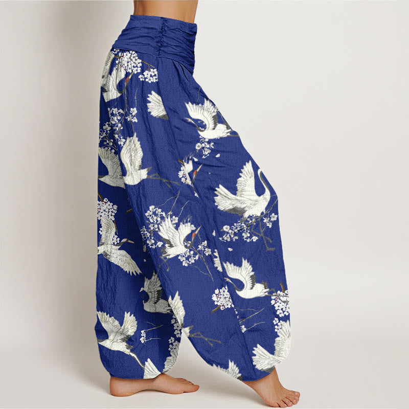 Pantalones bombachos de cintura elástica para mujer, de algodón, estilo casual elegante, con estampado de grullas y flores, con piedras de Buddha Stones. - image 5