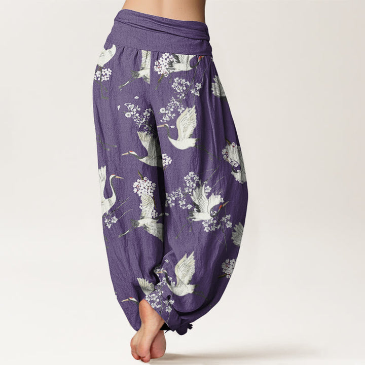 Pantalones bombachos de cintura elástica para mujer, de algodón, estilo casual elegante, con estampado de grullas y flores, con piedras de Buddha Stones. - image 9
